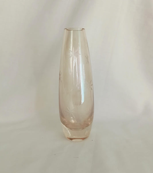 1990s peach lustre cut star design glass vase
