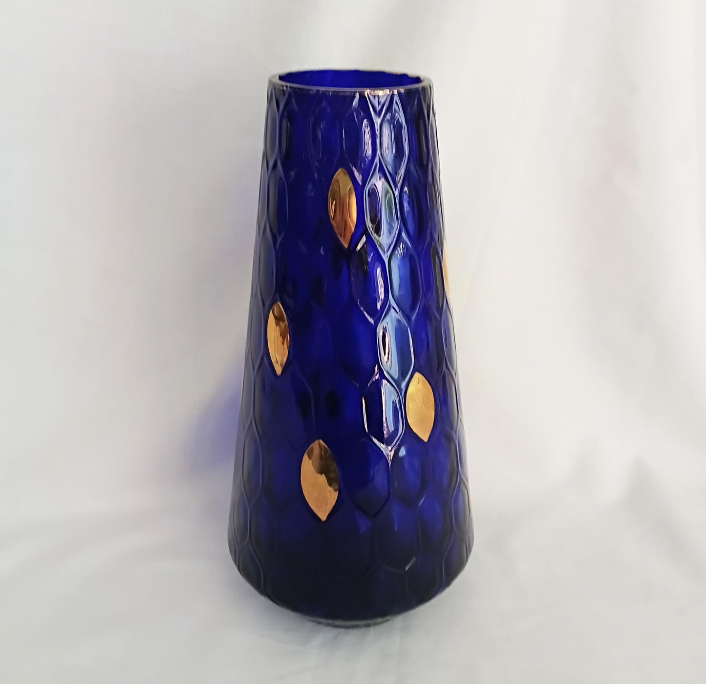Mid century Bohemian glass cobalt blue & gold optic lens vase