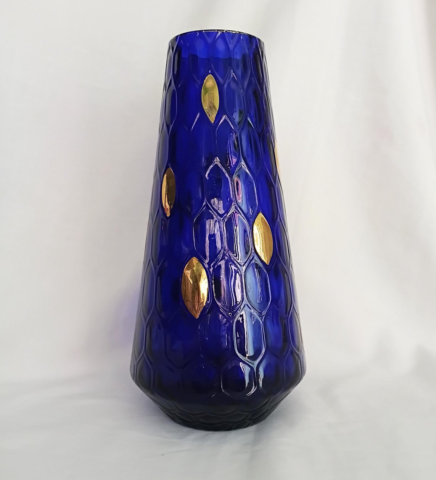 Mid century Bohemian glass cobalt blue & gold optic lens vase