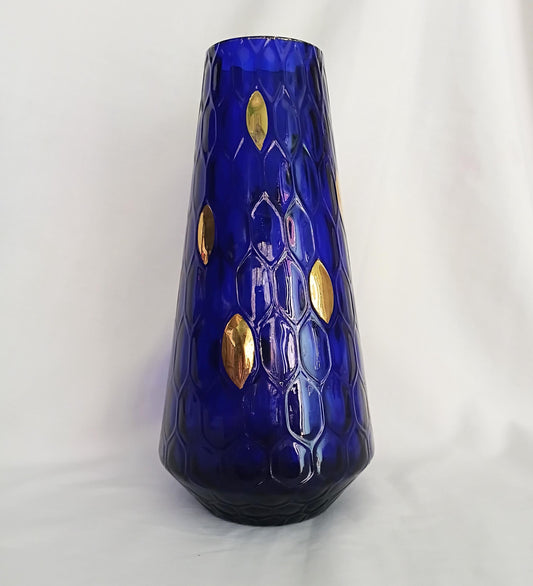 Mid century Bohemian glass cobalt blue & gold optic lens vase