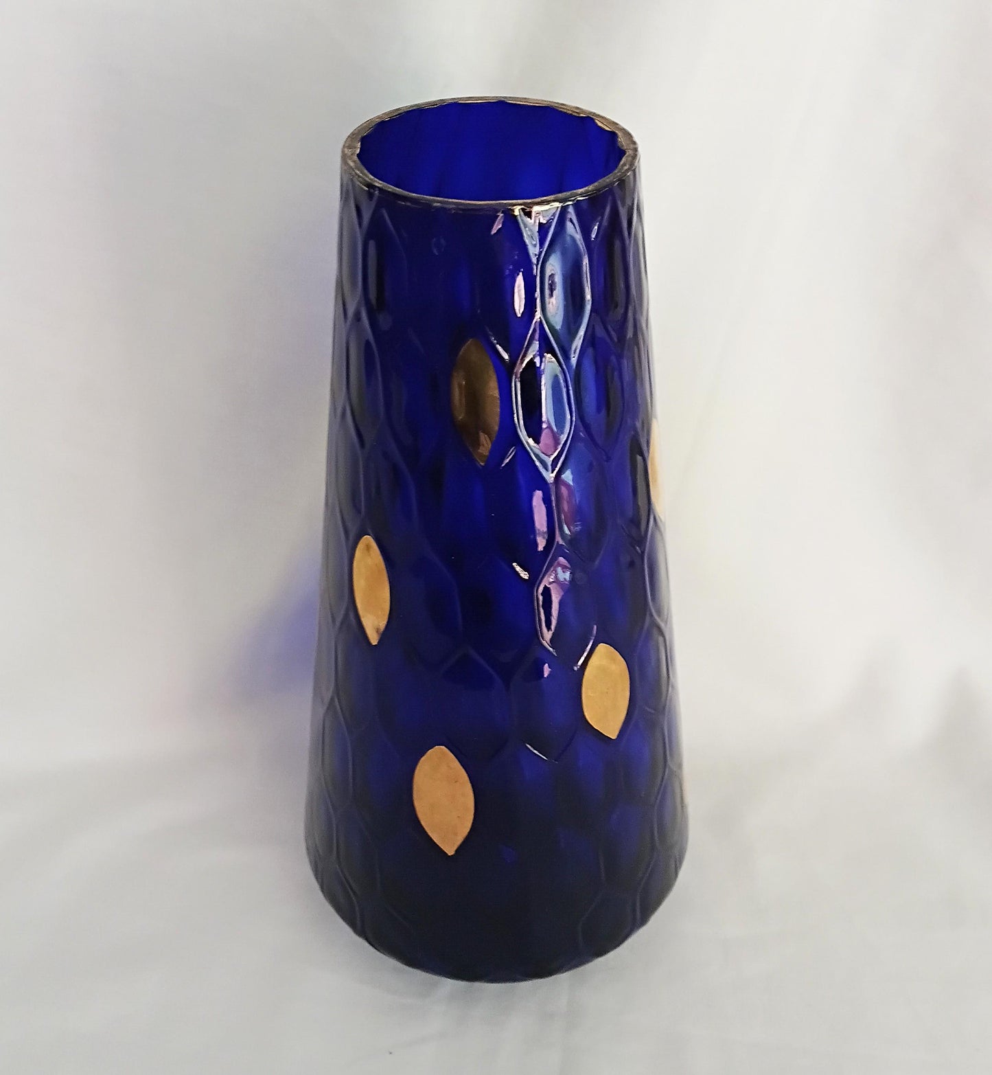 Mid century Bohemian glass cobalt blue & gold optic lens vase