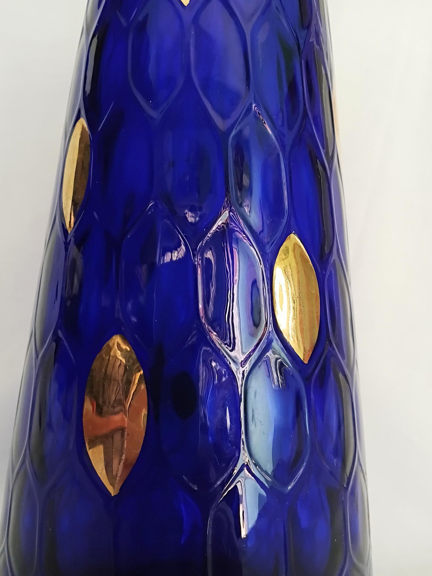 Mid century Bohemian glass cobalt blue & gold optic lens vase