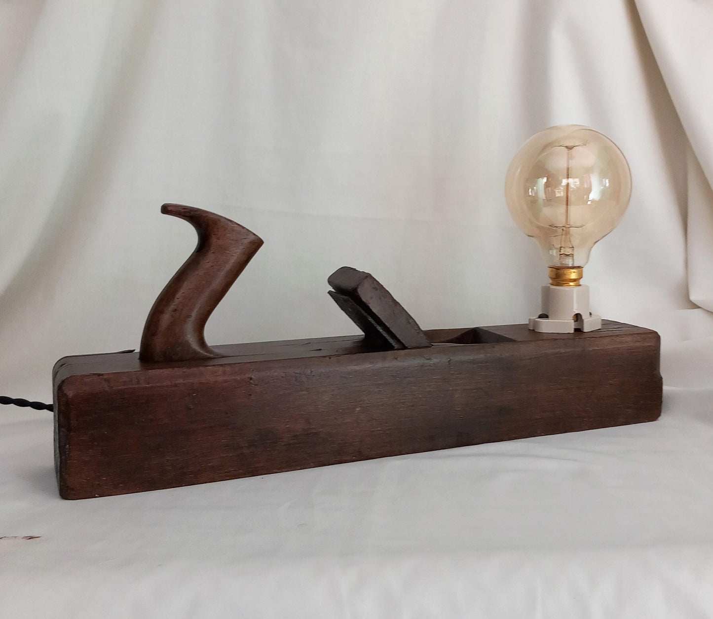 Hand made large vintage wooden plane accent lamp with filament bulb