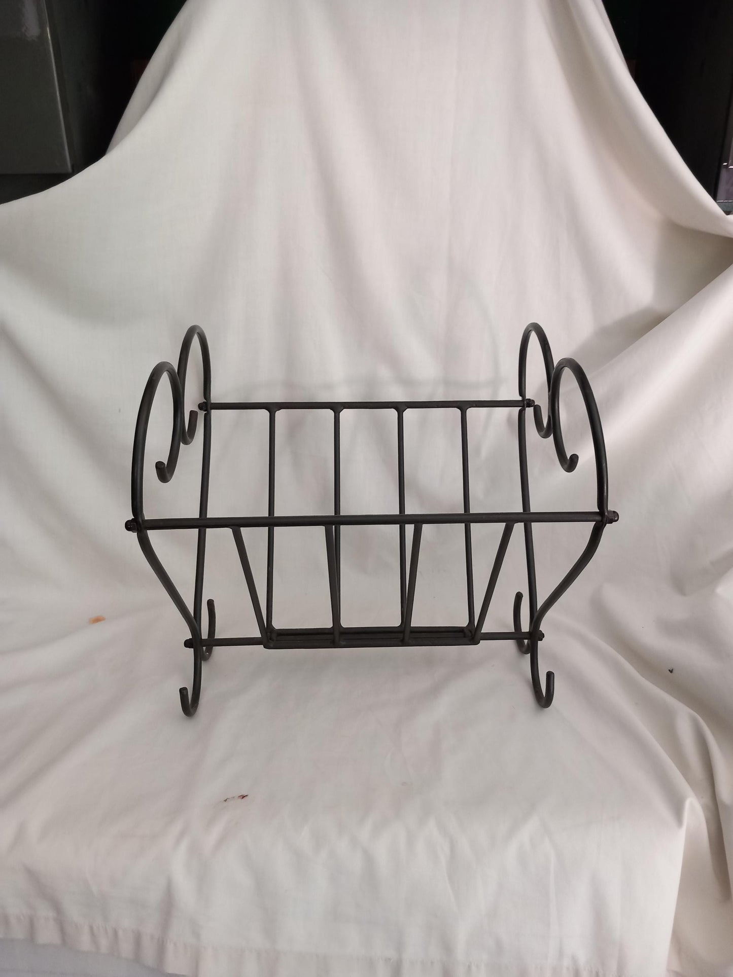 Late 20th century vintage black wrought iron folding log basket