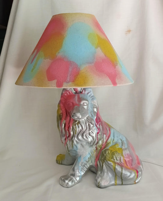 Hand made pastel & silver graffiti design dog accent lamp with shade