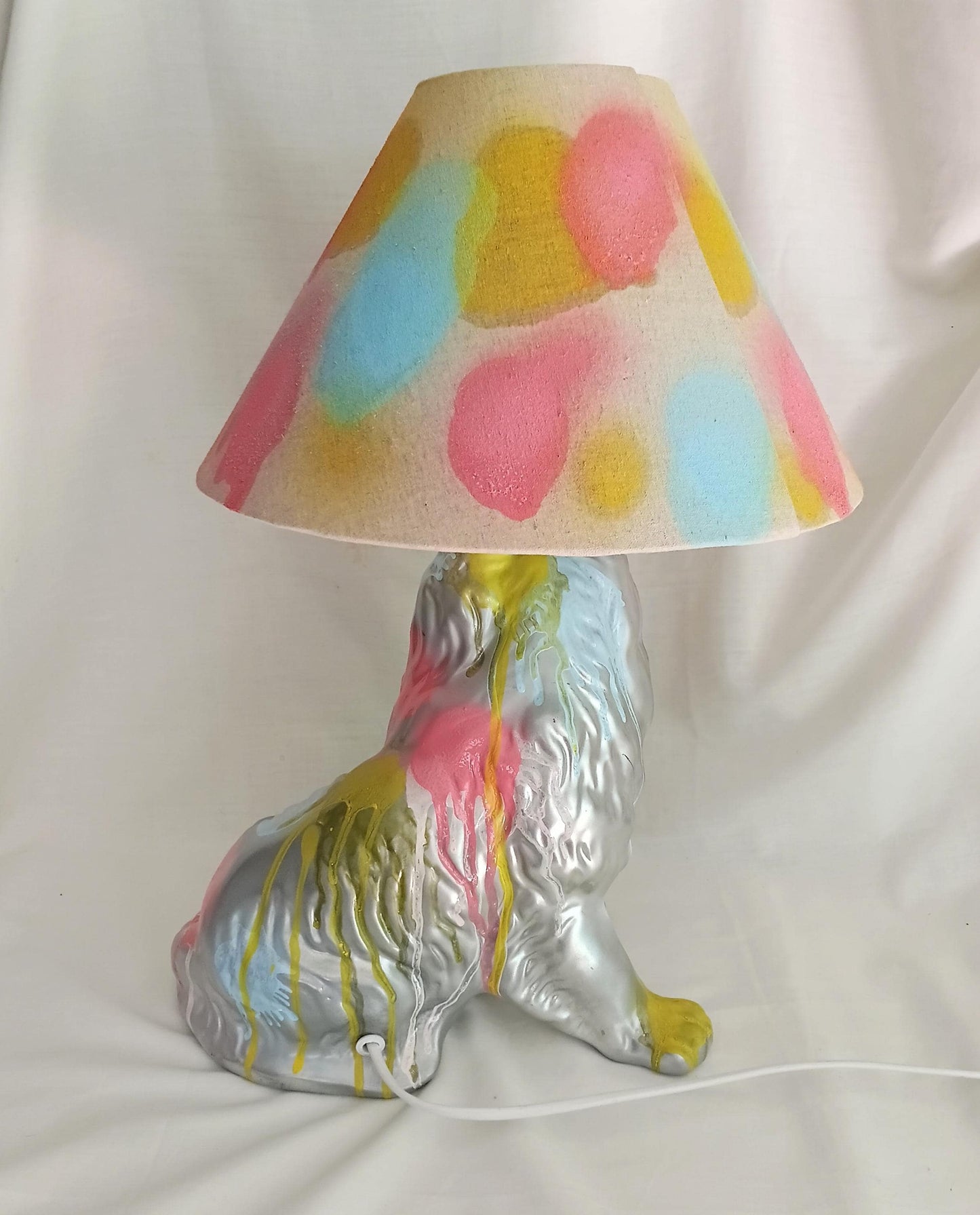 Hand made pastel & silver graffiti design dog accent lamp with shade