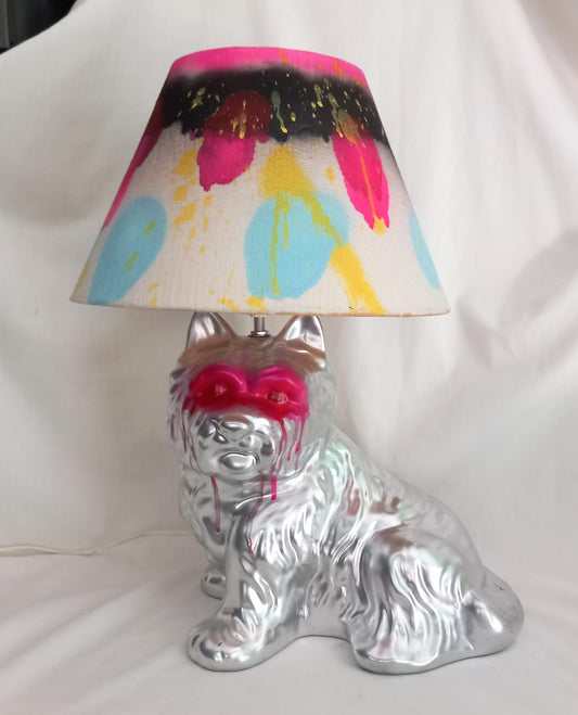 Hand made hot pink & silver graffiti dog accent lamp with shade