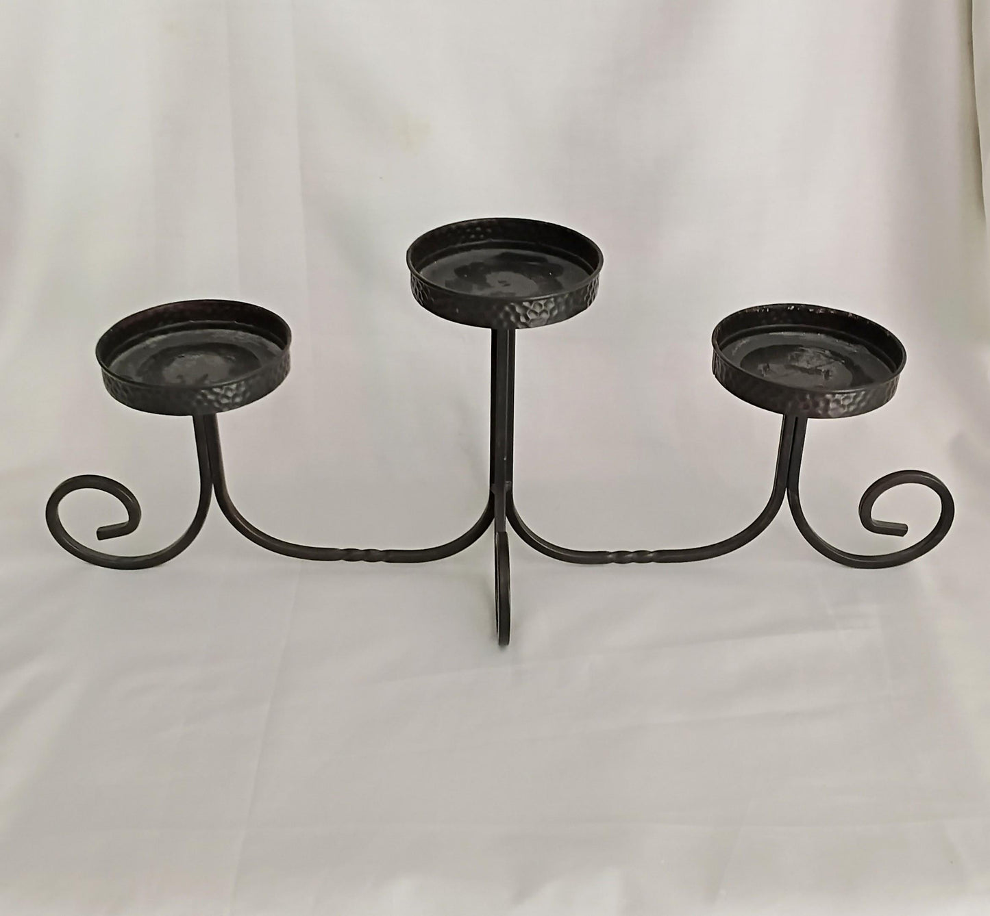 1990s Partylite black wrought iron curled 3 arm candelabra