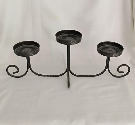 1990s Partylite black wrought iron curled 3 arm candelabra