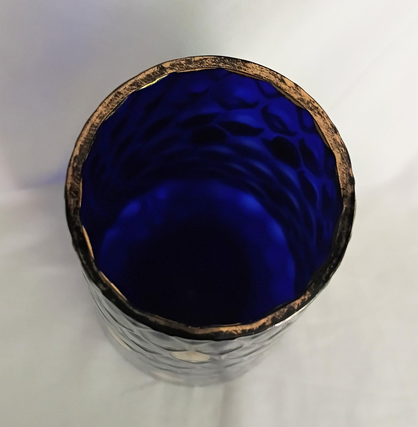 Mid century Bohemian glass cobalt blue & gold optic lens vase