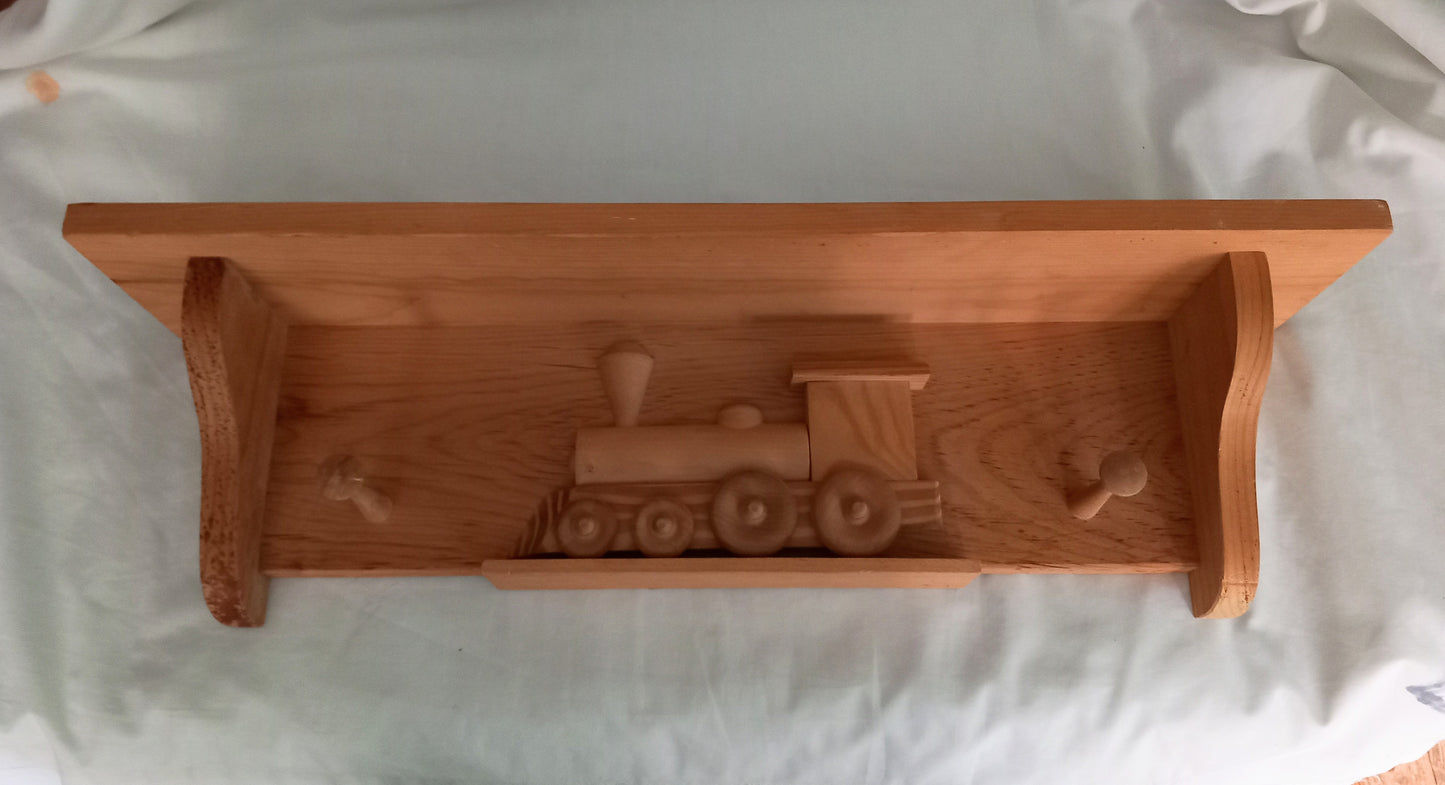 Hand made solid wood train design shelf with hooks