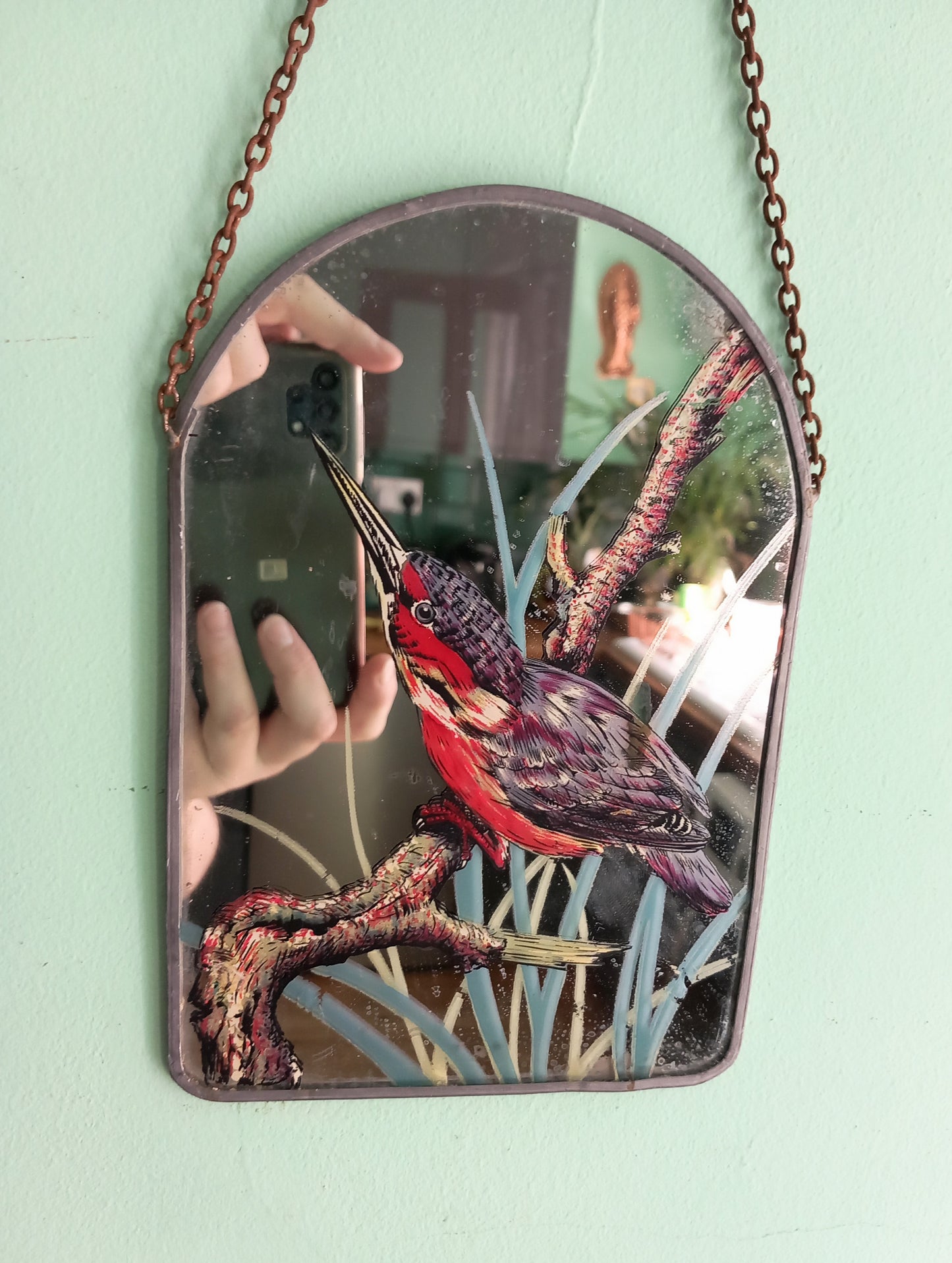 Vintage small arched wall mirror with bird design