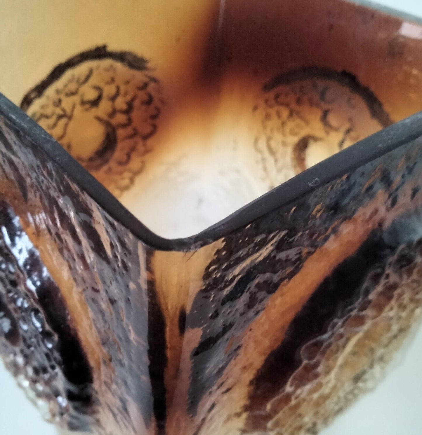 Scandinavian Oy Kumela cola brown textured glass candle holder vase