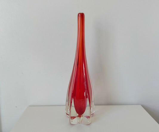 Mid Century Scandinavian star shaped red cased glass bud vase