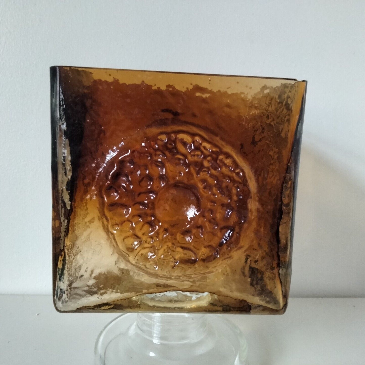 Scandinavian Oy Kumela cola brown textured glass candle holder vase