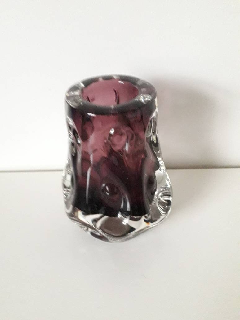 Mid century Liskeard amethyst purple cased glass knobbly vase