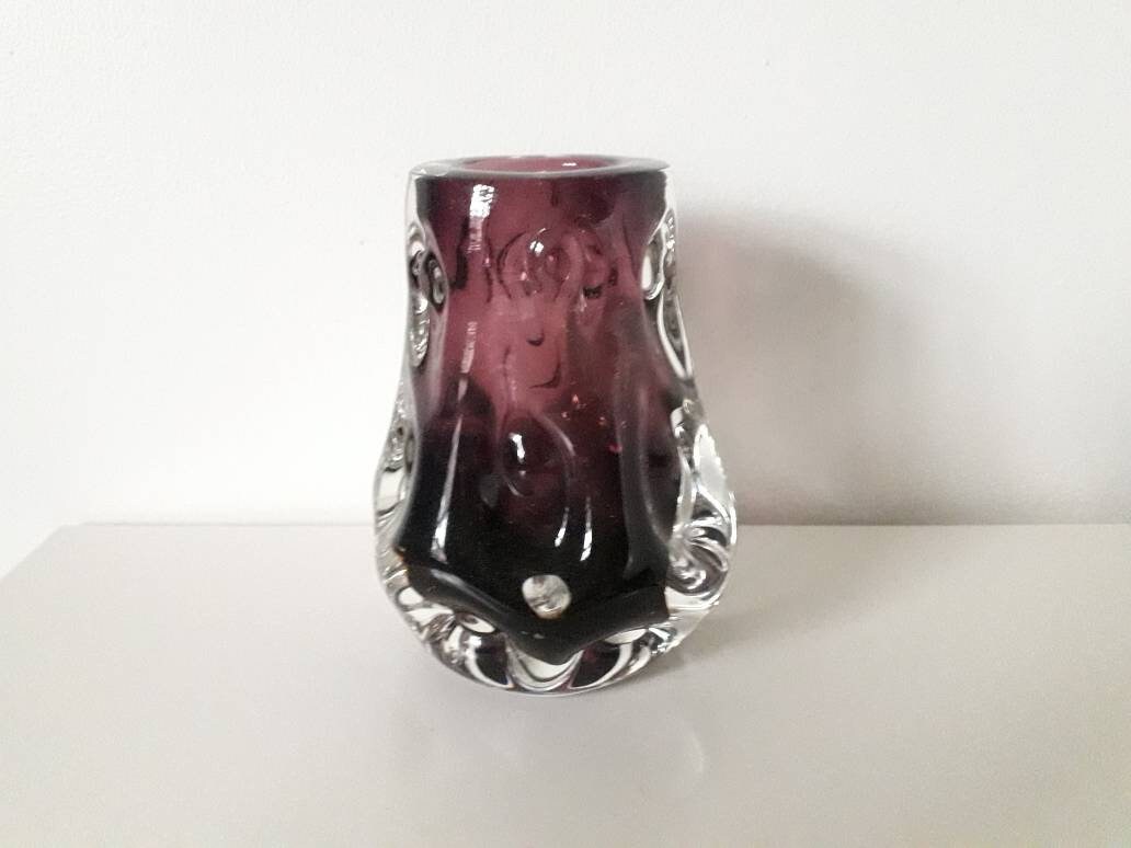 Mid century Liskeard amethyst purple cased glass knobbly vase