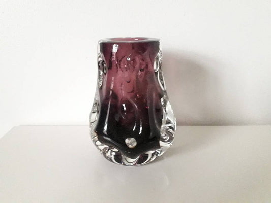 Mid century Liskeard amethyst purple cased glass knobbly vase