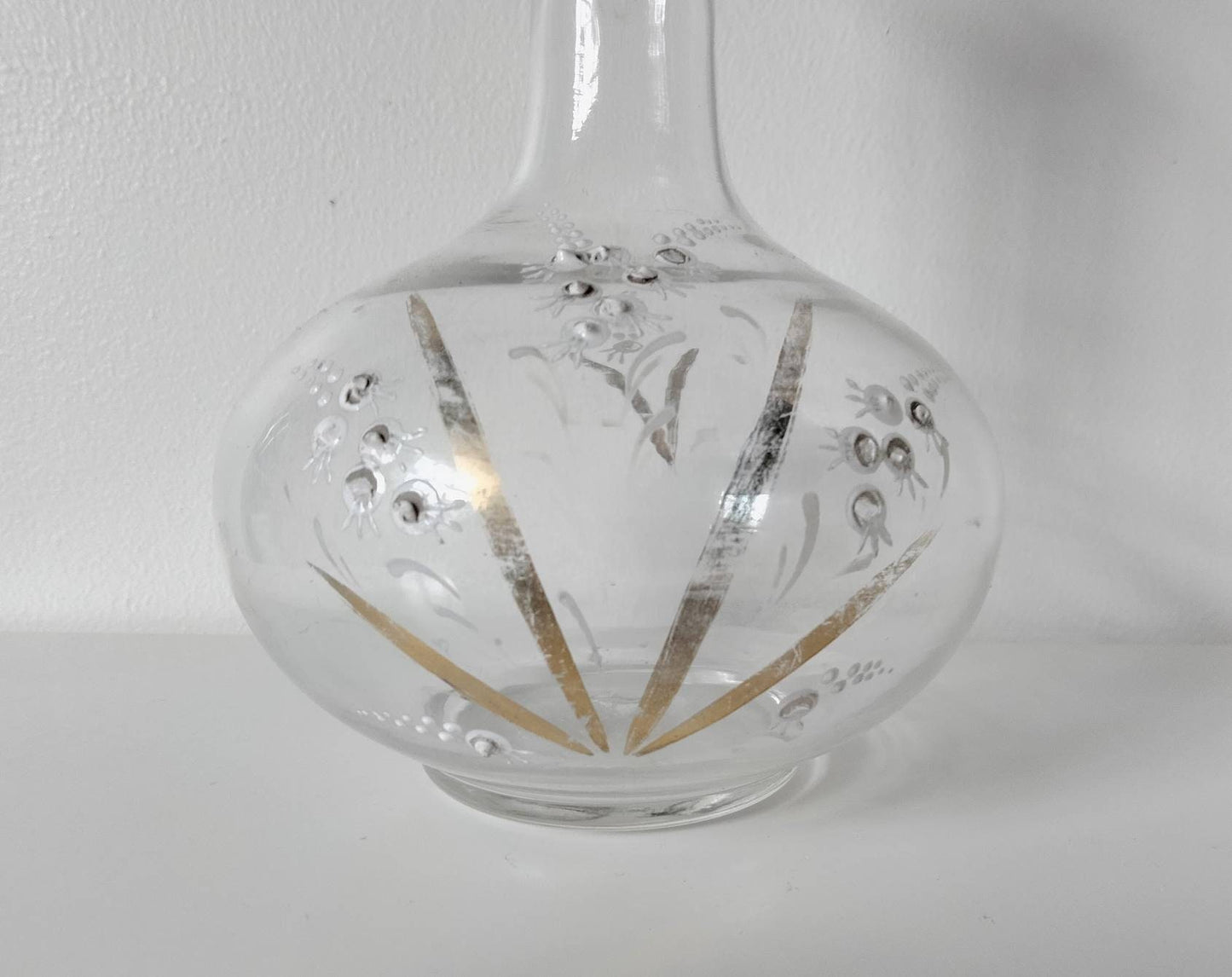 Edwardian hand blown Bohemian glass decanter with white & gold enamel decoration