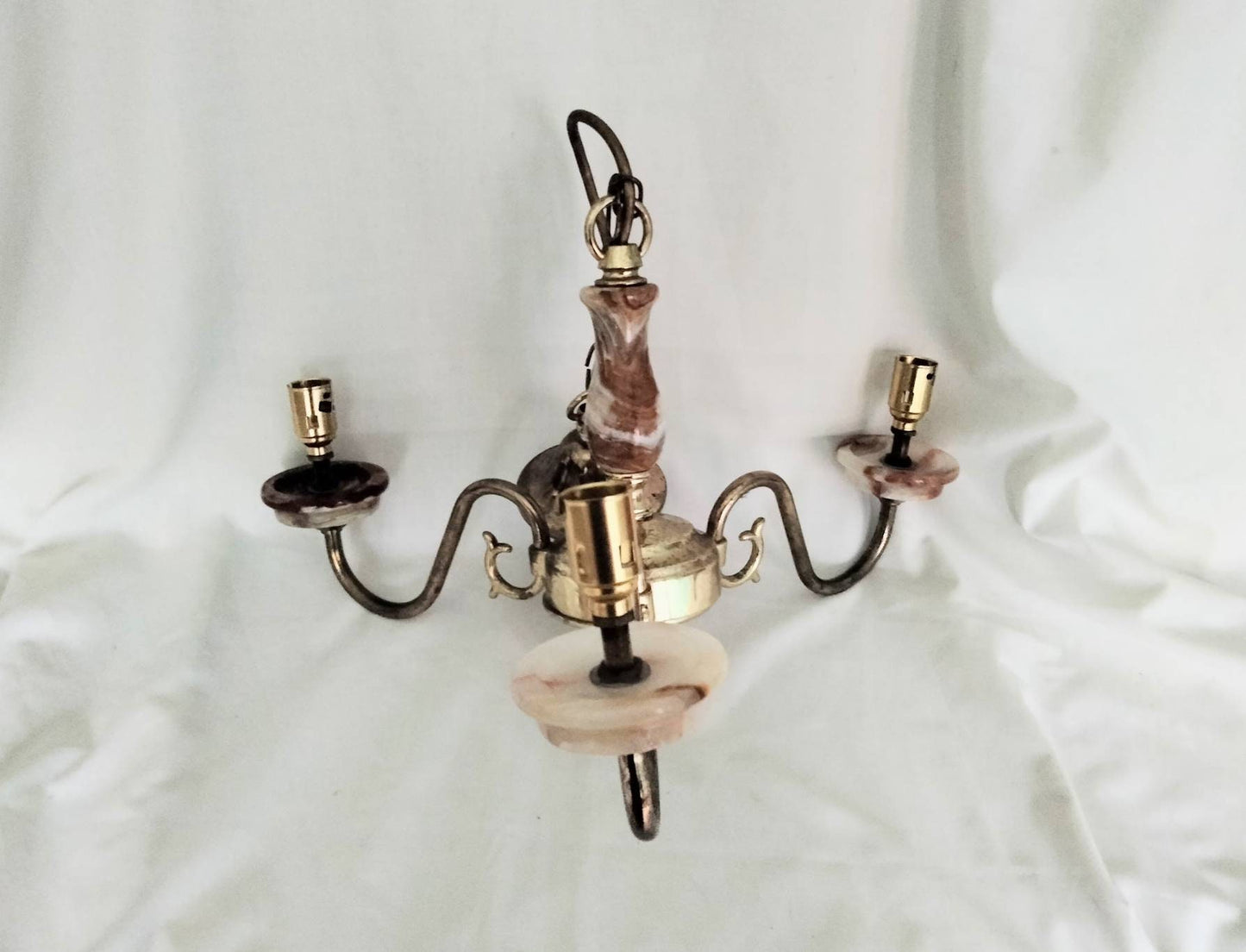 1970s green and orange onyx & brass 3 arm chandelier ceiling light