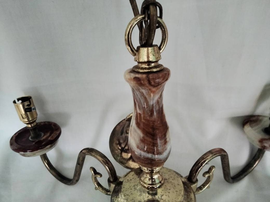 1970s green and orange onyx & brass 3 arm chandelier ceiling light