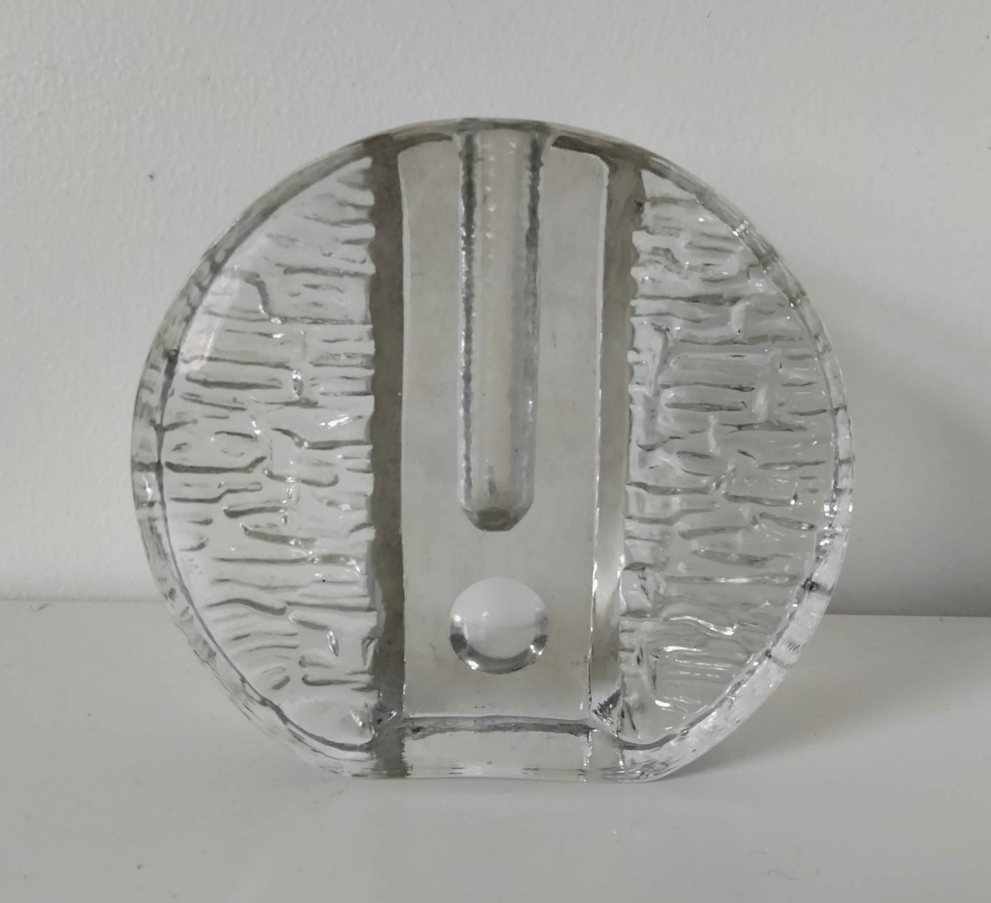 Mid Century Walther Glass Clear Textured Round Solifleur Slab Vase