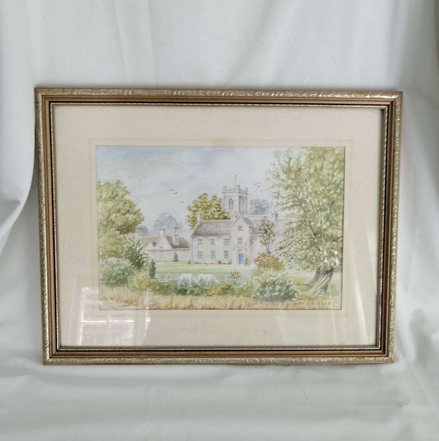 Vintage original watercolour painting of manor house church village landscape