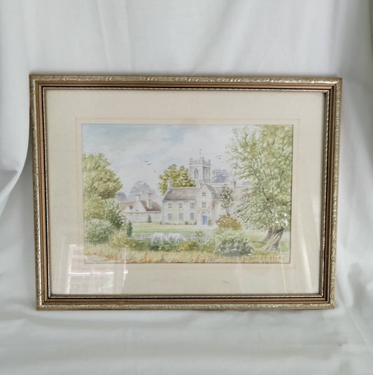 Vintage original watercolour painting of manor house church village landscape