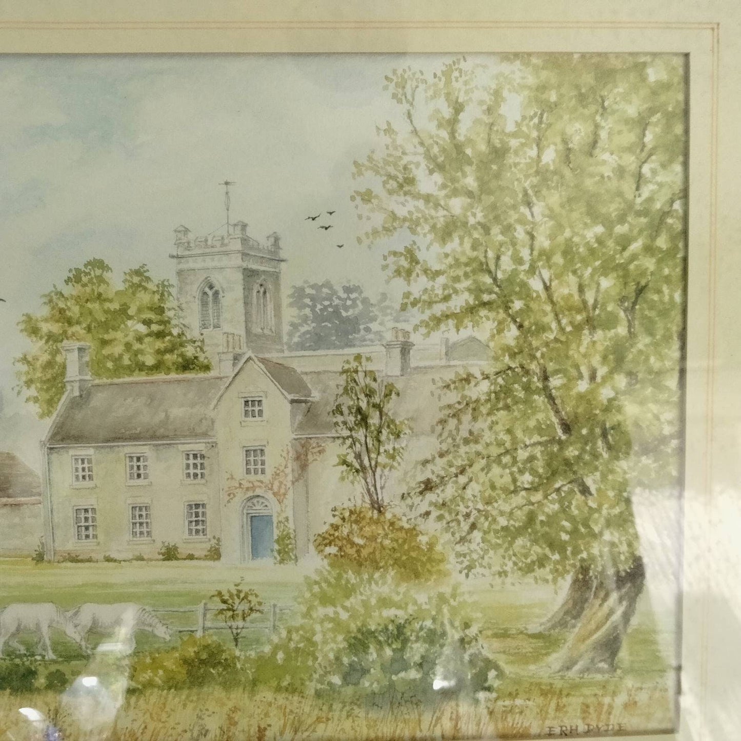 Vintage original watercolour painting of manor house church village landscape