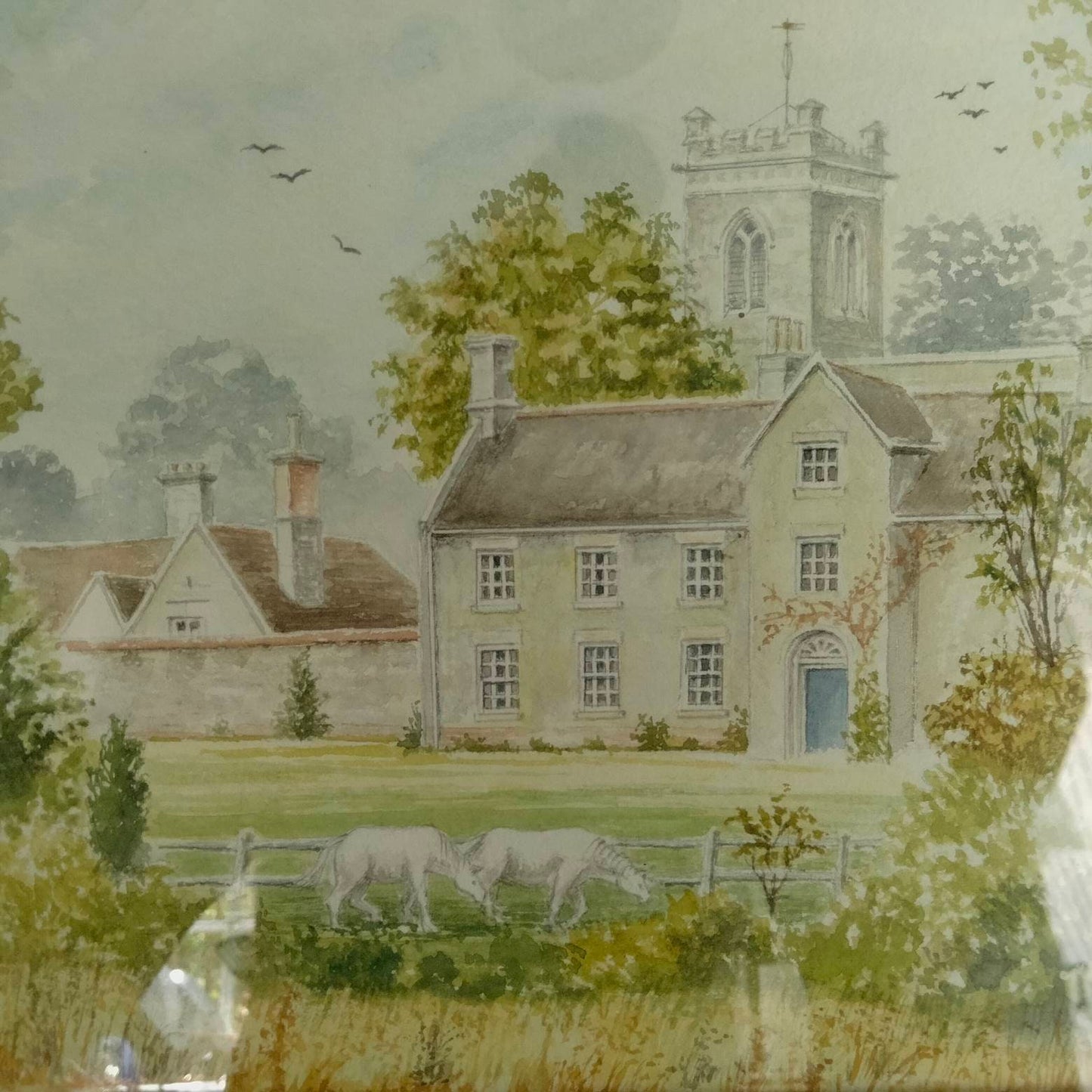 Vintage original watercolour painting of manor house church village landscape