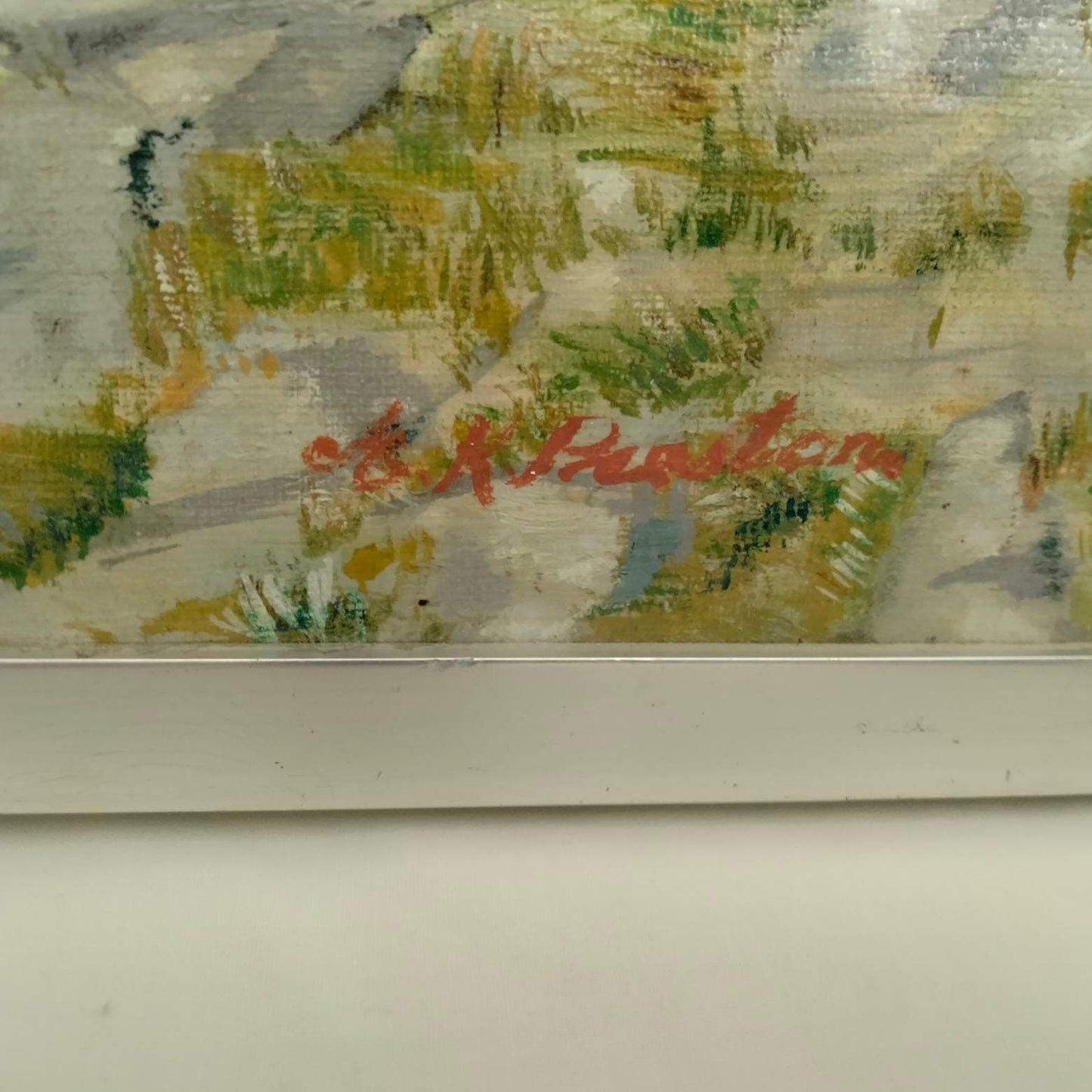 Mid century original oil painting of lake, mountains & bridge signed Preston