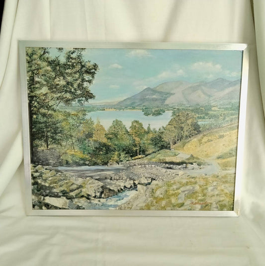 Mid century original oil painting of lake, mountains & bridge signed Preston