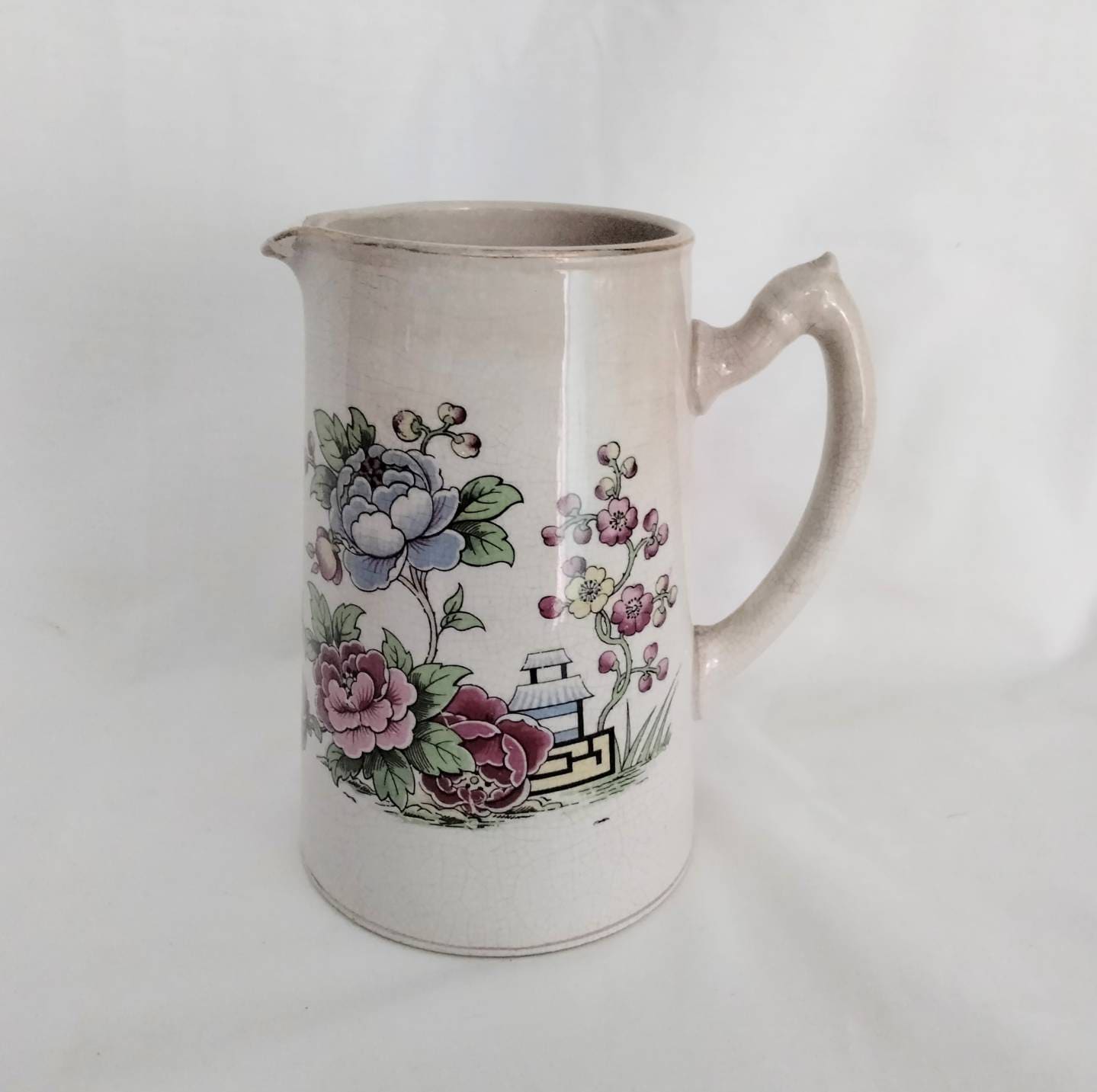 Antique Britannia Pottery pink & blue flower ceramic jug