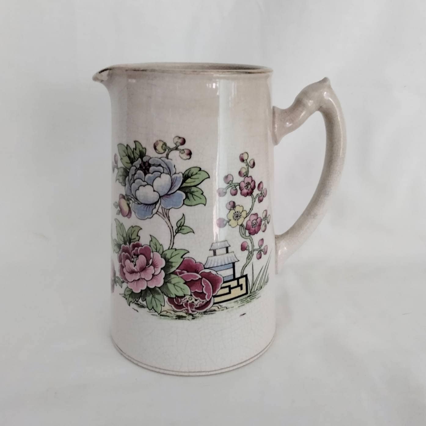 Antique Britannia Pottery pink & blue flower ceramic jug