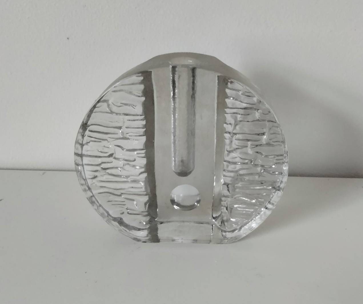Mid Century Walther Glass Clear Textured Round Solifleur Slab Vase