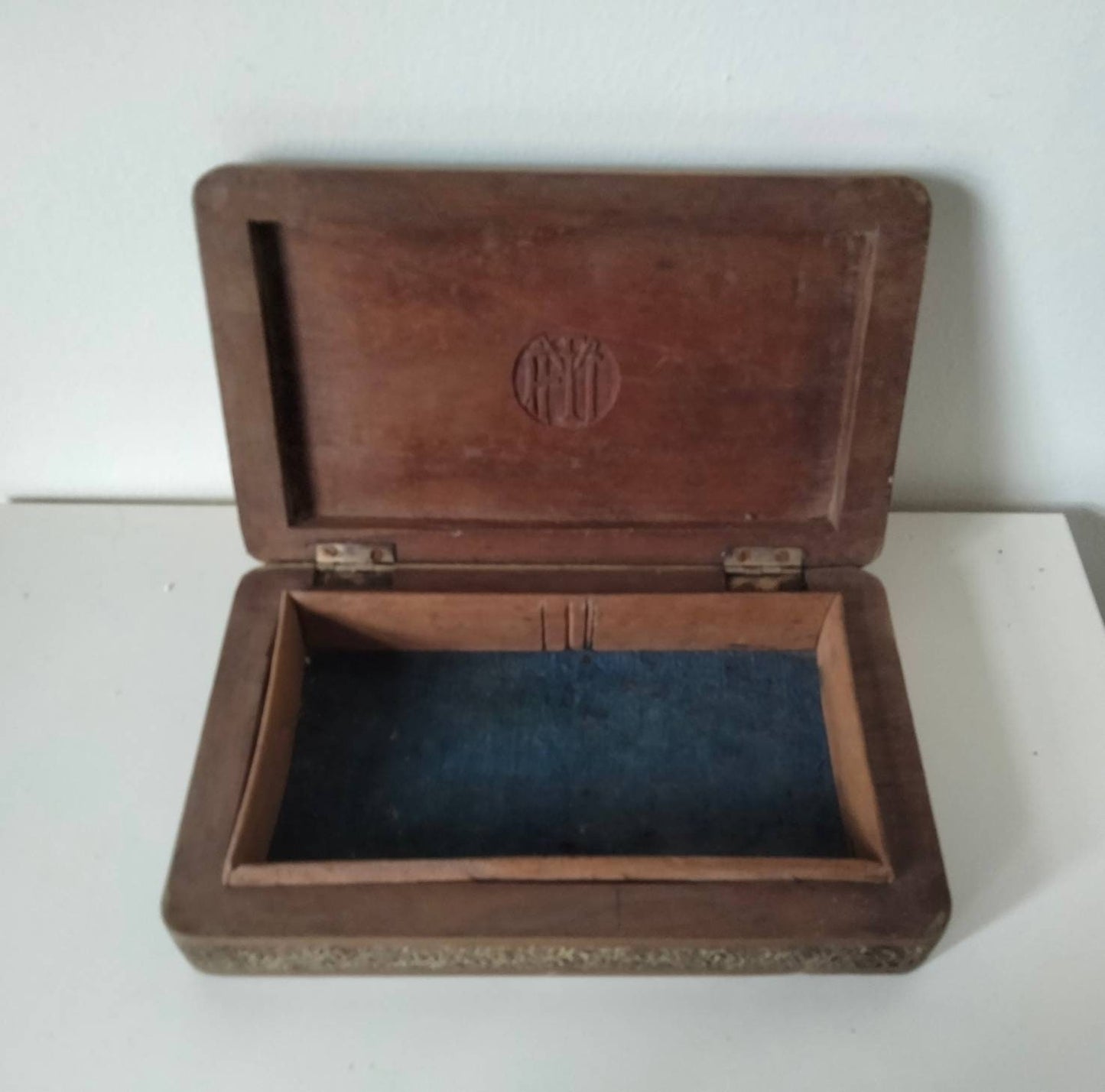 Antique Indian carved wood velvet lined jewellery box