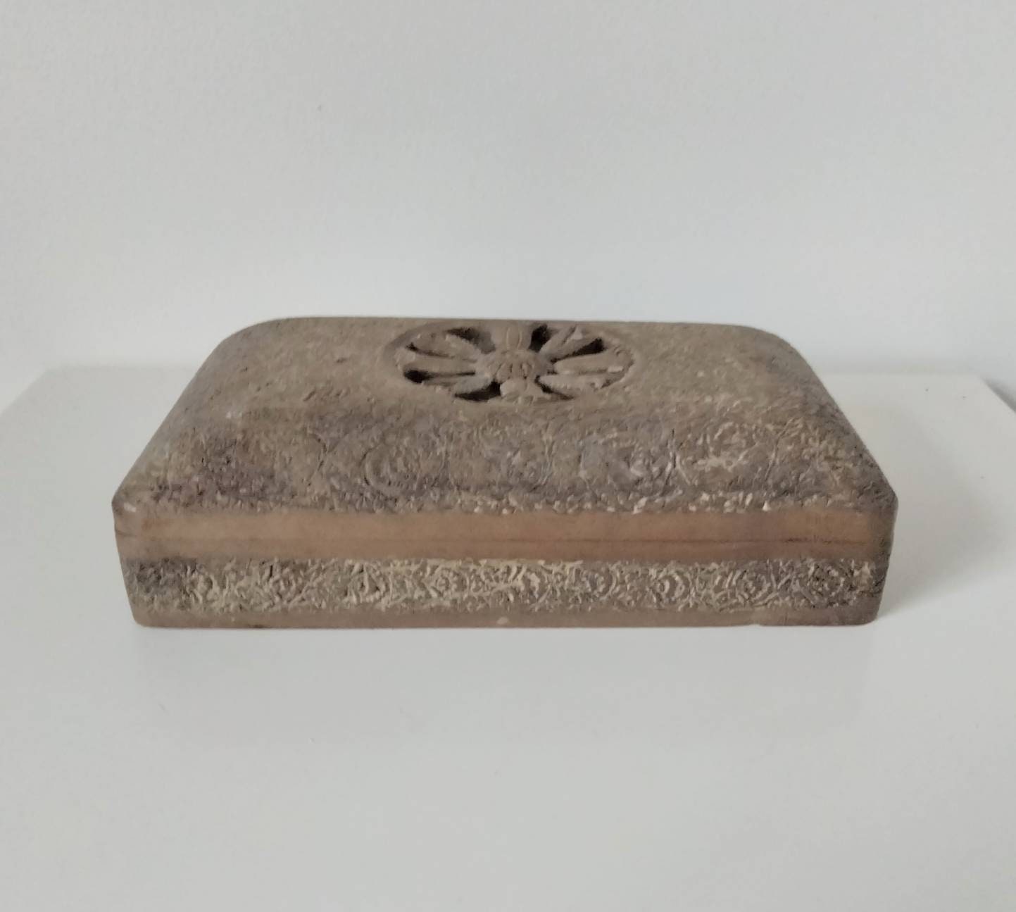 Antique Indian carved wood velvet lined jewellery box