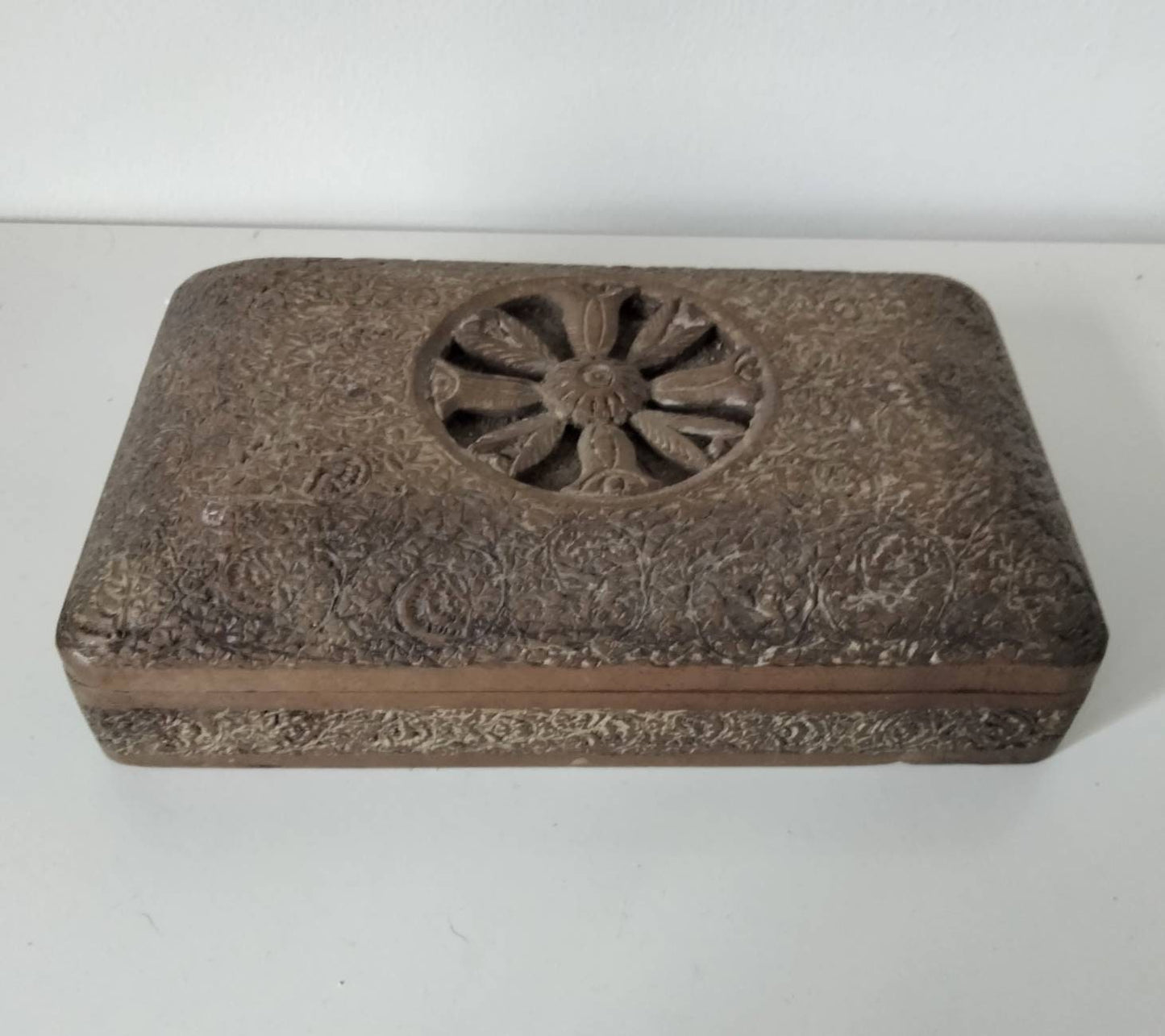 Antique Indian carved wood velvet lined jewellery box