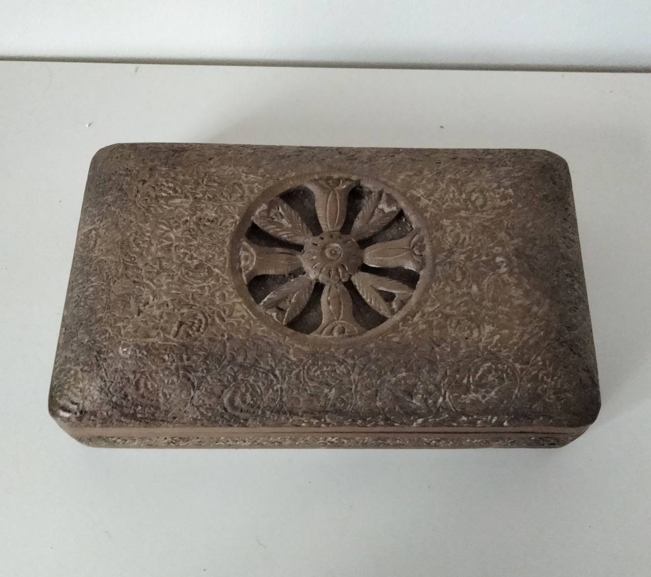 Antique Indian carved wood velvet lined jewellery box