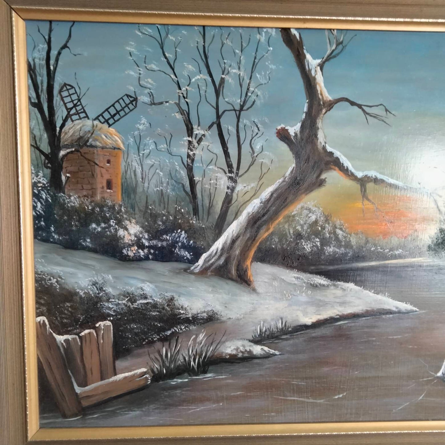 Vintage original landscape oil painting of frozen river & windmill 27"
