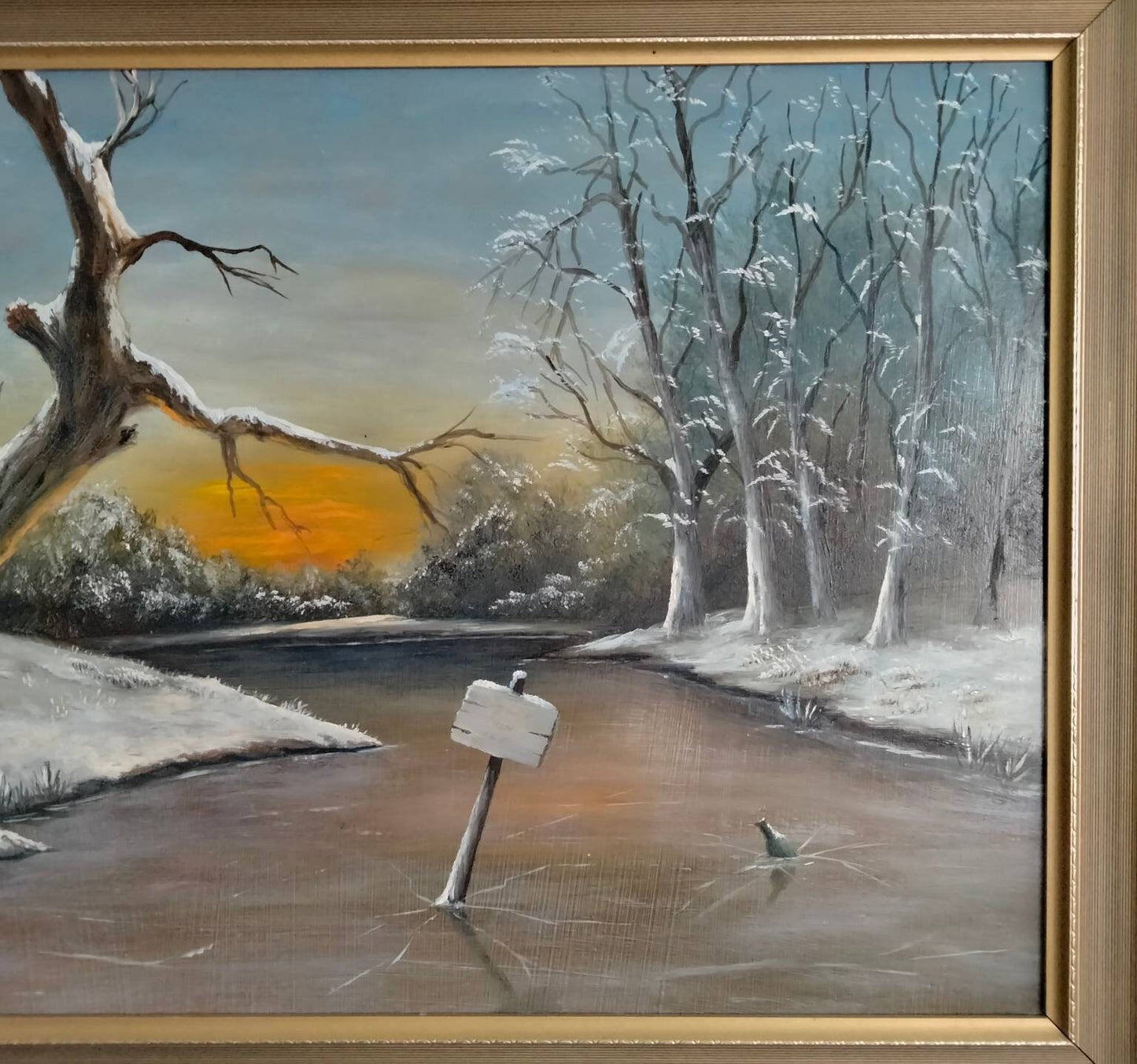Vintage original landscape oil painting of frozen river & windmill 27"