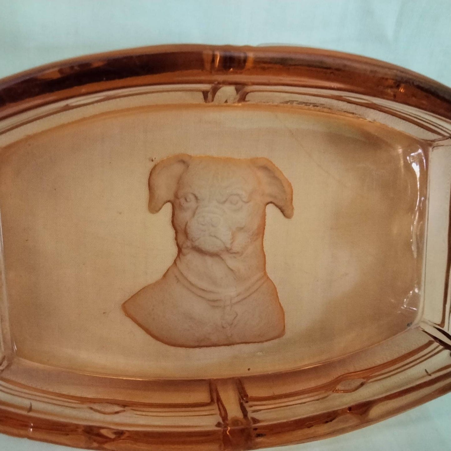 Art Deco Mastiff Dog Intaglio Pink Pressed Glass Ashtray Or Trinket Dish