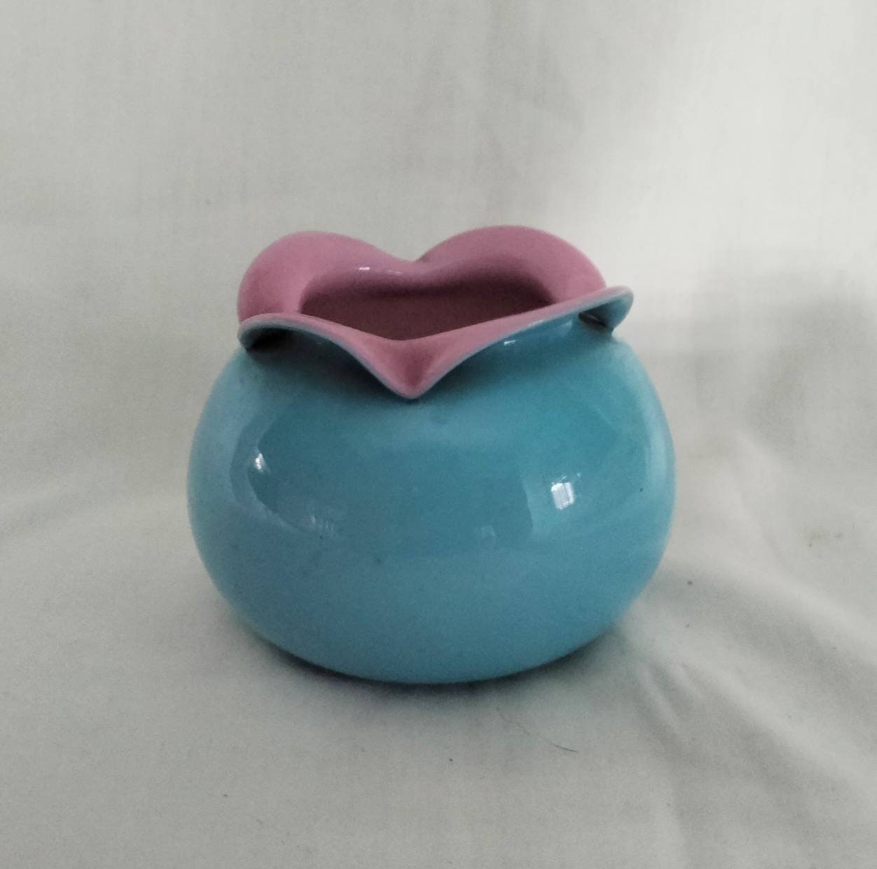 Hand blown c1950s Victorian style pink & blue opaque milk glass anenome vase