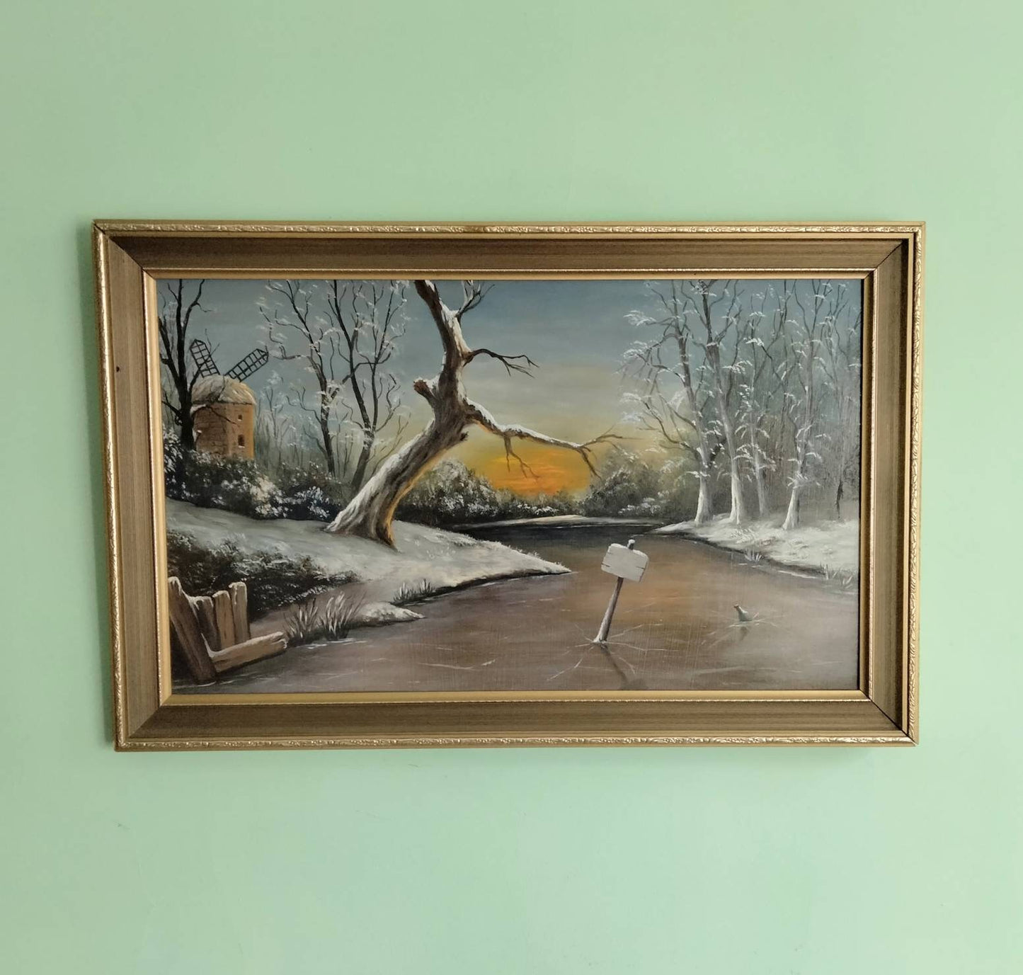 Vintage original landscape oil painting of frozen river & windmill 27"