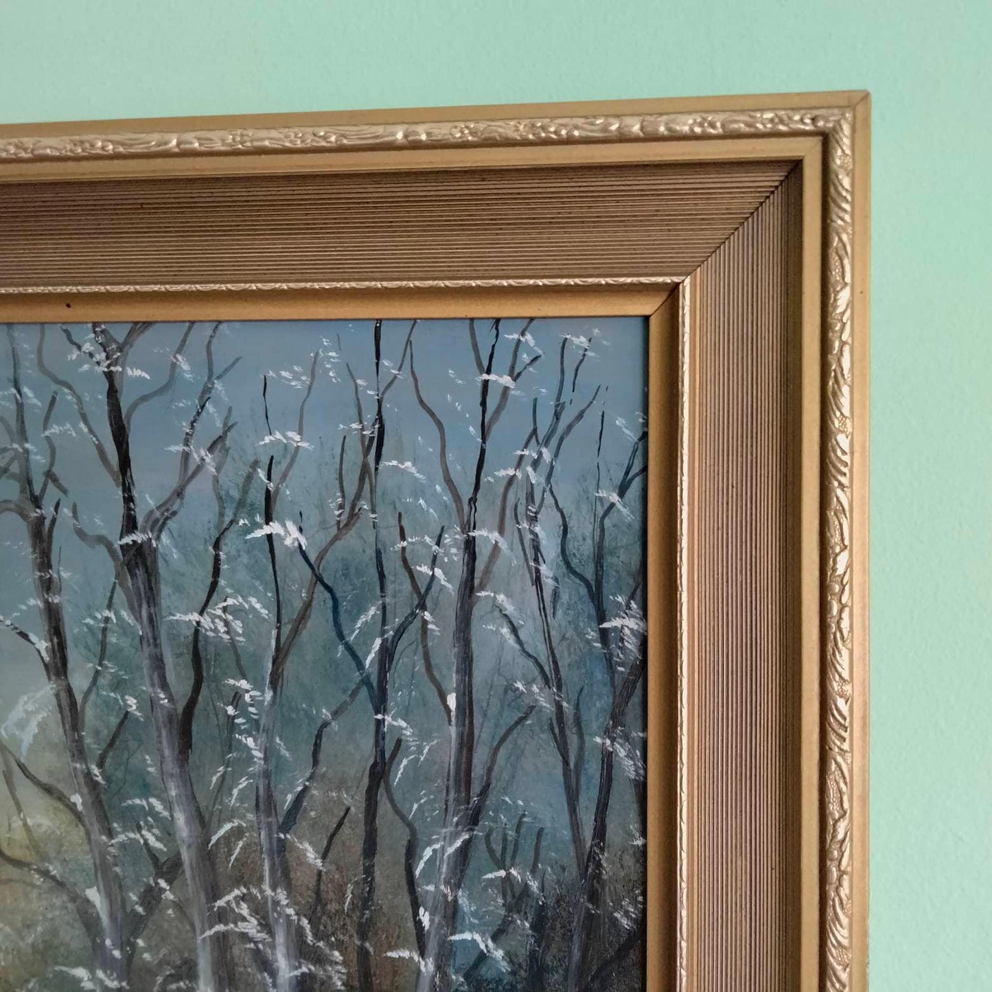 Vintage original landscape oil painting of frozen river & windmill 27"