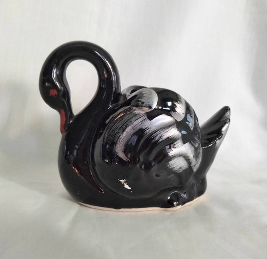 Mid century 1950s black swan planter vase 6.25"