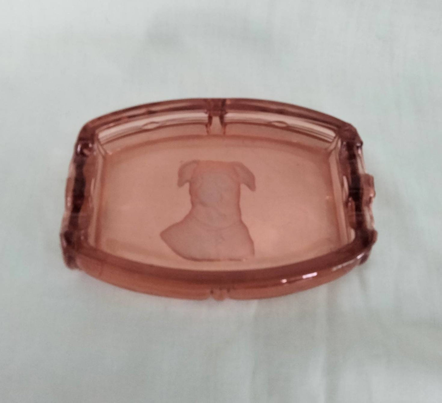 Art Deco Mastiff Dog Intaglio Pink Pressed Glass Ashtray Or Trinket Dish