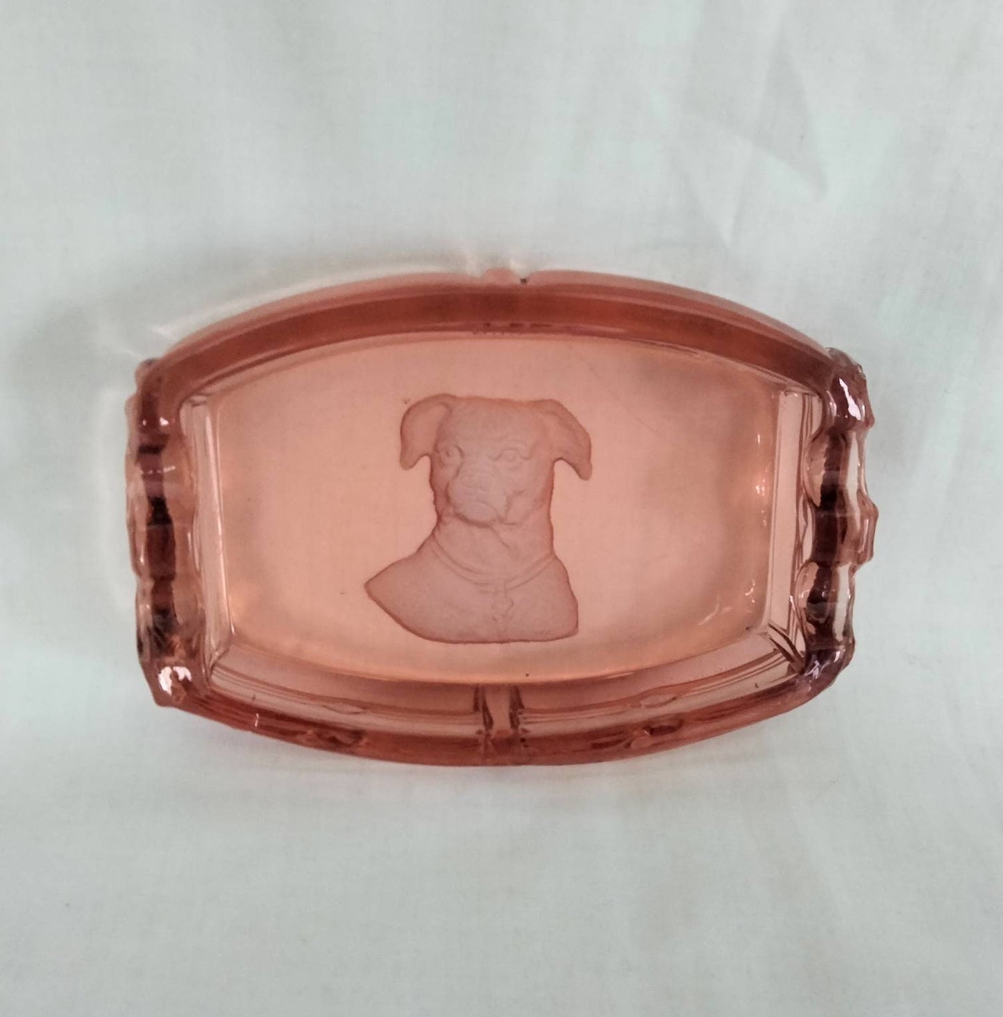 Art Deco Mastiff Dog Intaglio Pink Pressed Glass Ashtray Or Trinket Dish