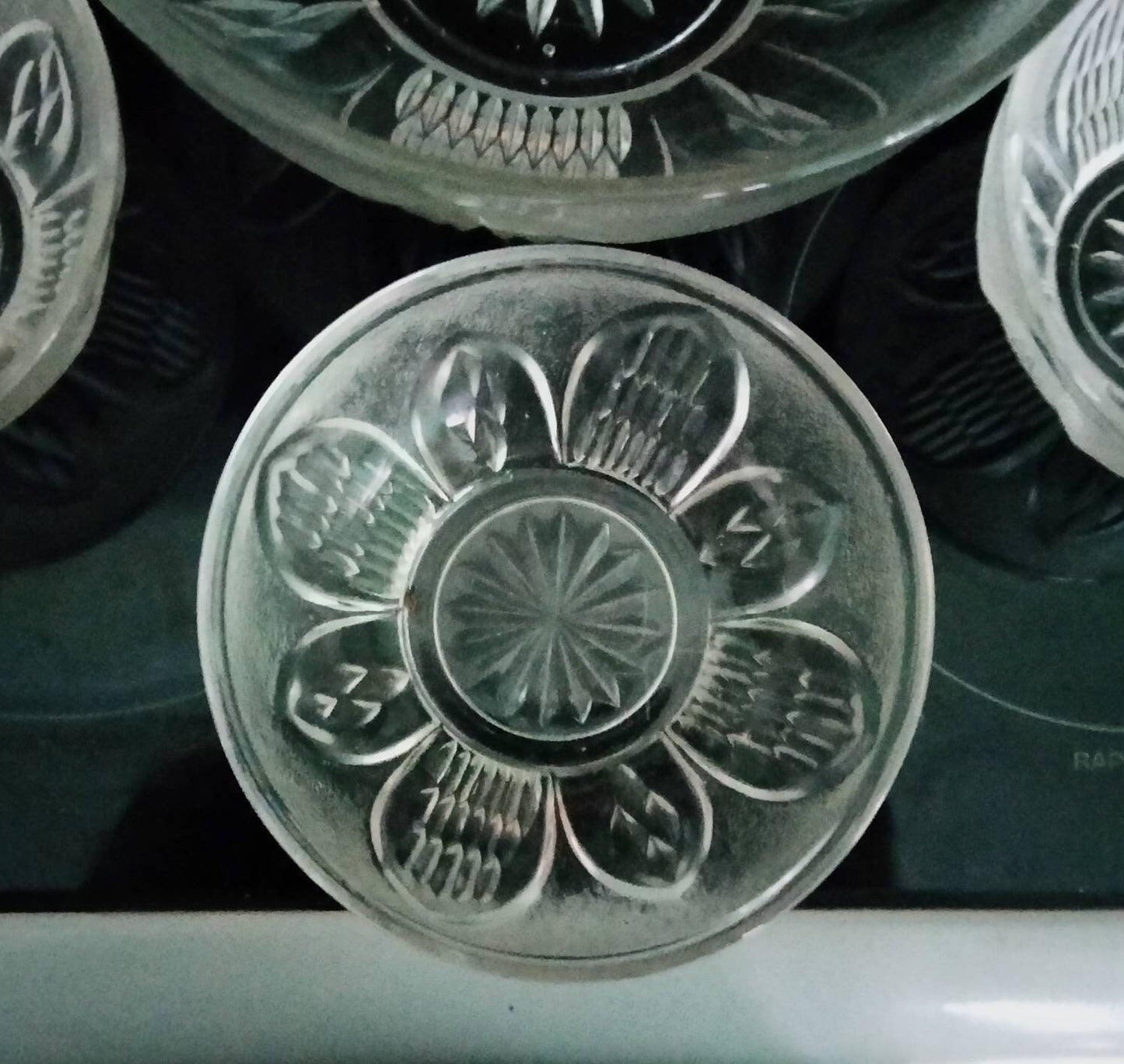 1950s clear textured pressed glass dessert or salad set with 8 pieces