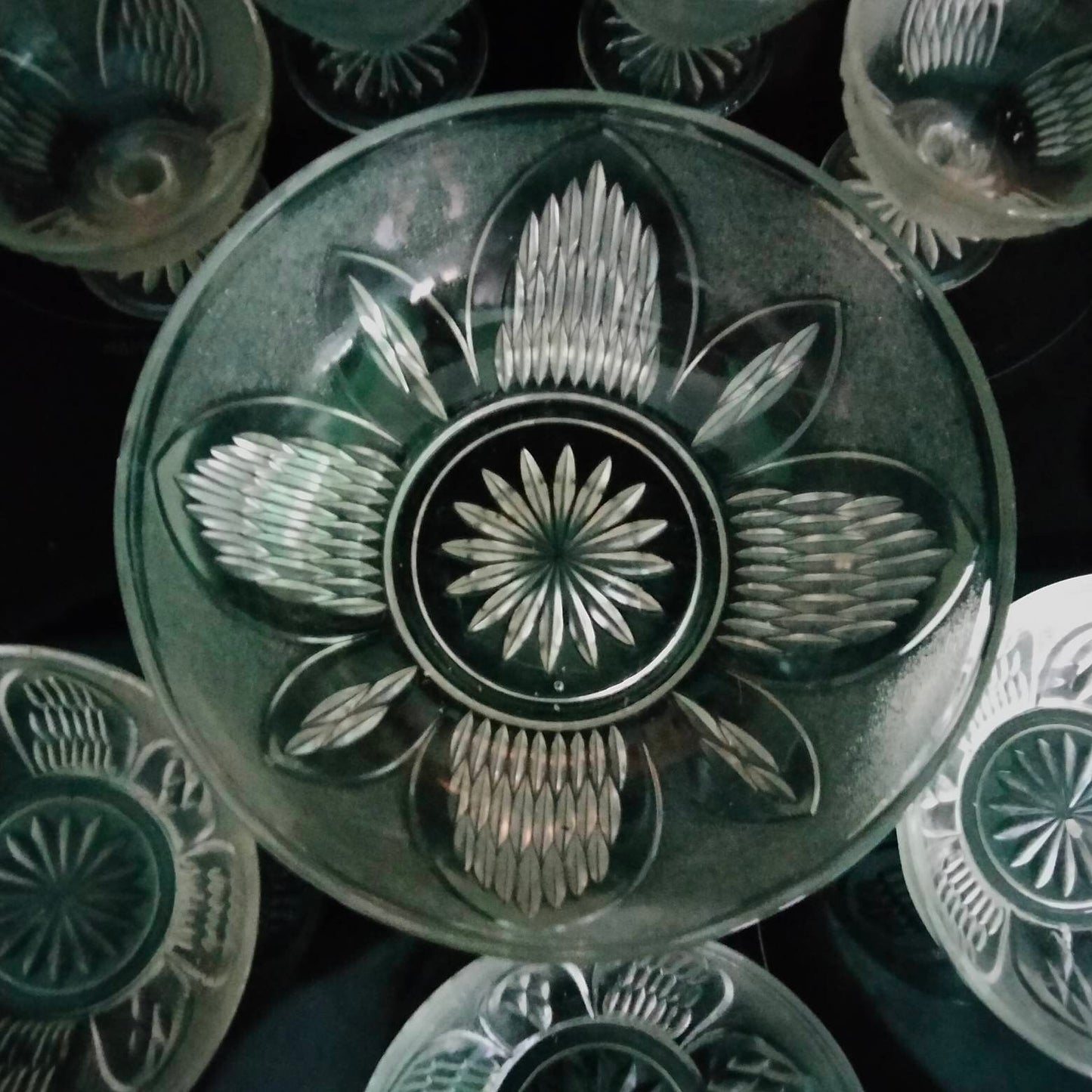 1950s clear textured pressed glass dessert or salad set with 8 pieces